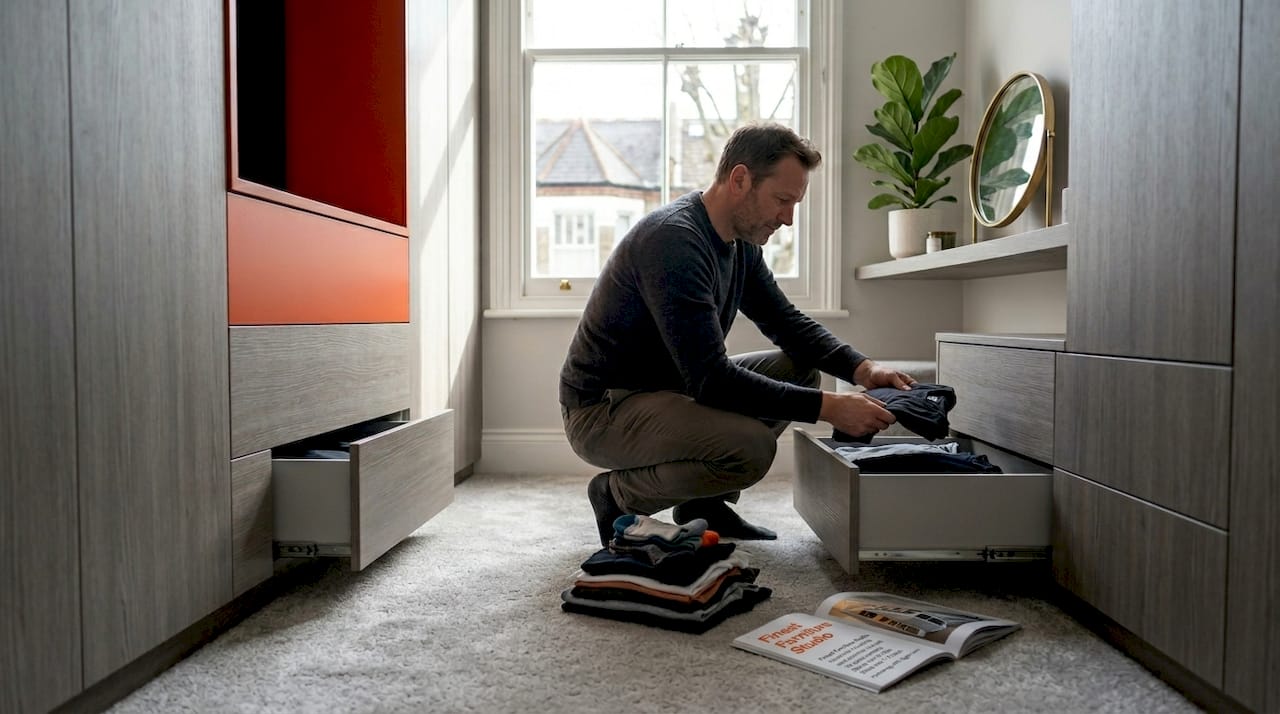 Man reaching into lower fitted wardrobe drawer