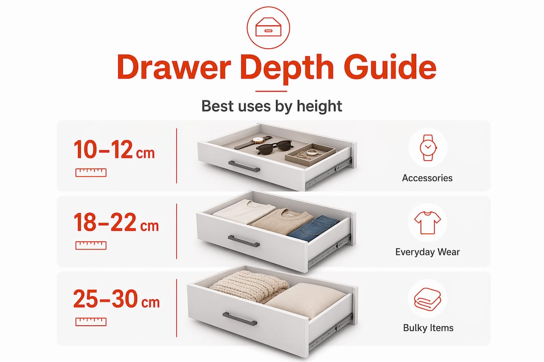 Infographic showing drawer depth and best uses