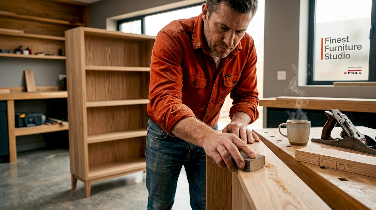 Carpenter sanding FSC-certified oak bookshelf