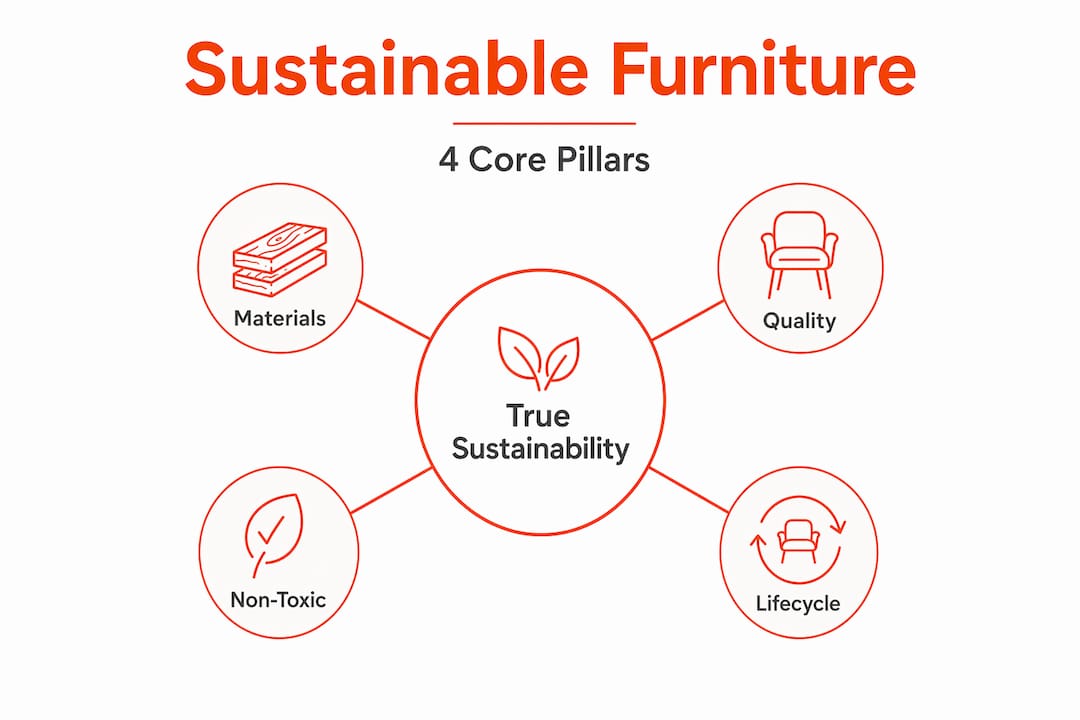 Hierarchy infographic with four sustainable furniture pillars