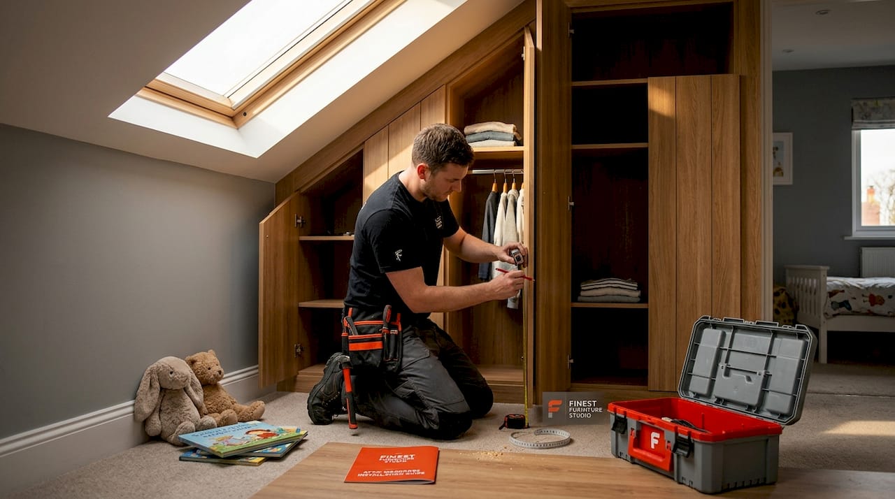 Installer measuring fitted wardrobe in bedroom