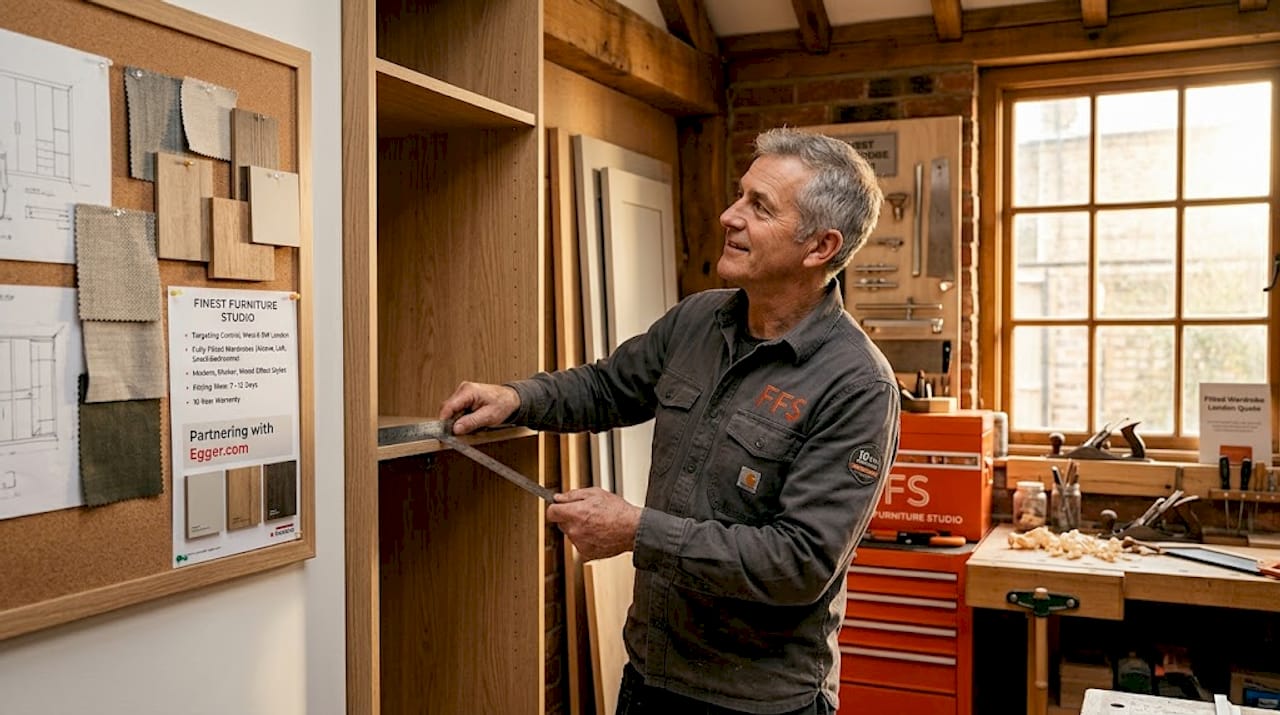 Joiner measuring cabinet in workshop
