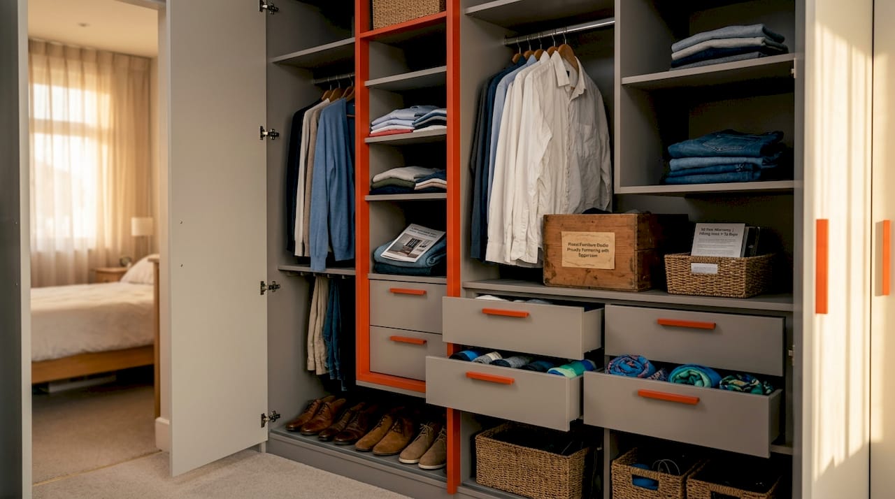Open wardrobe showing organized interior storage