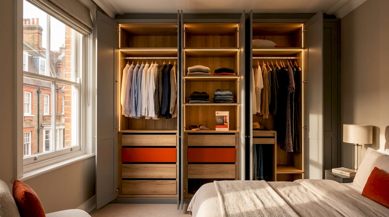 Open bespoke wardrobe interior with lighting and drawers