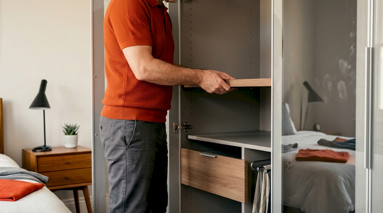 Homeowner adjusting modular wardrobe shelves