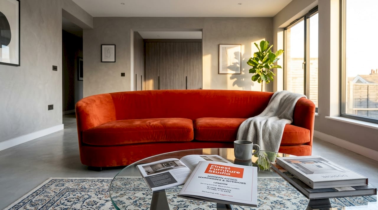 Curved velvet sofa in living room