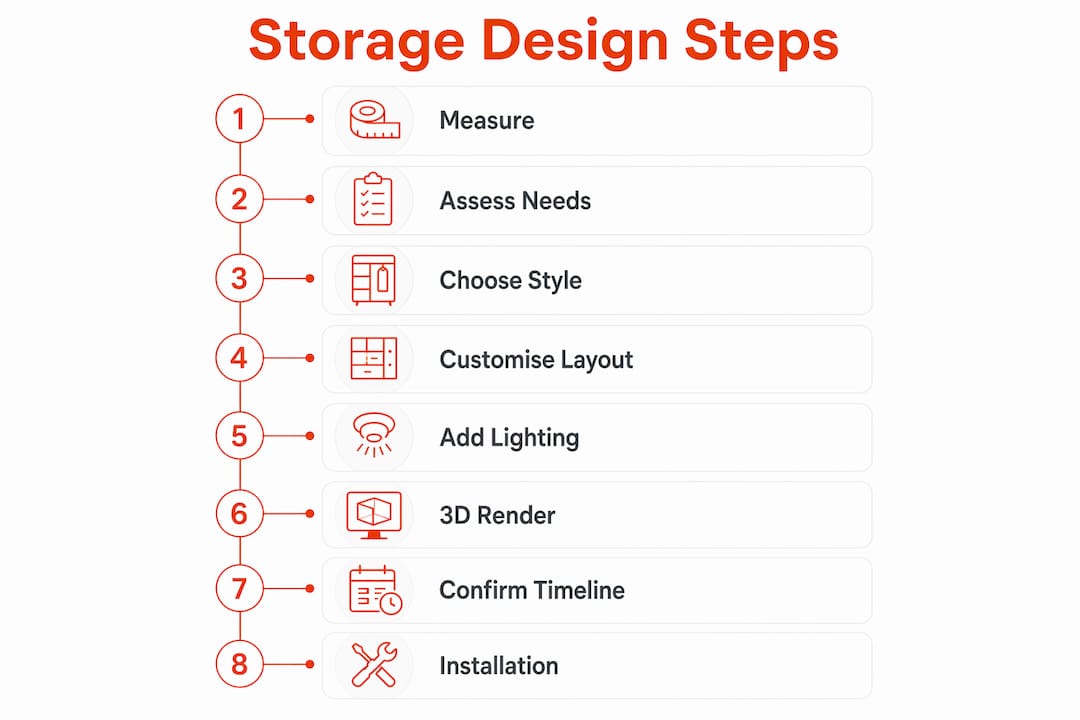 Infographic outlining custom bedroom storage design steps