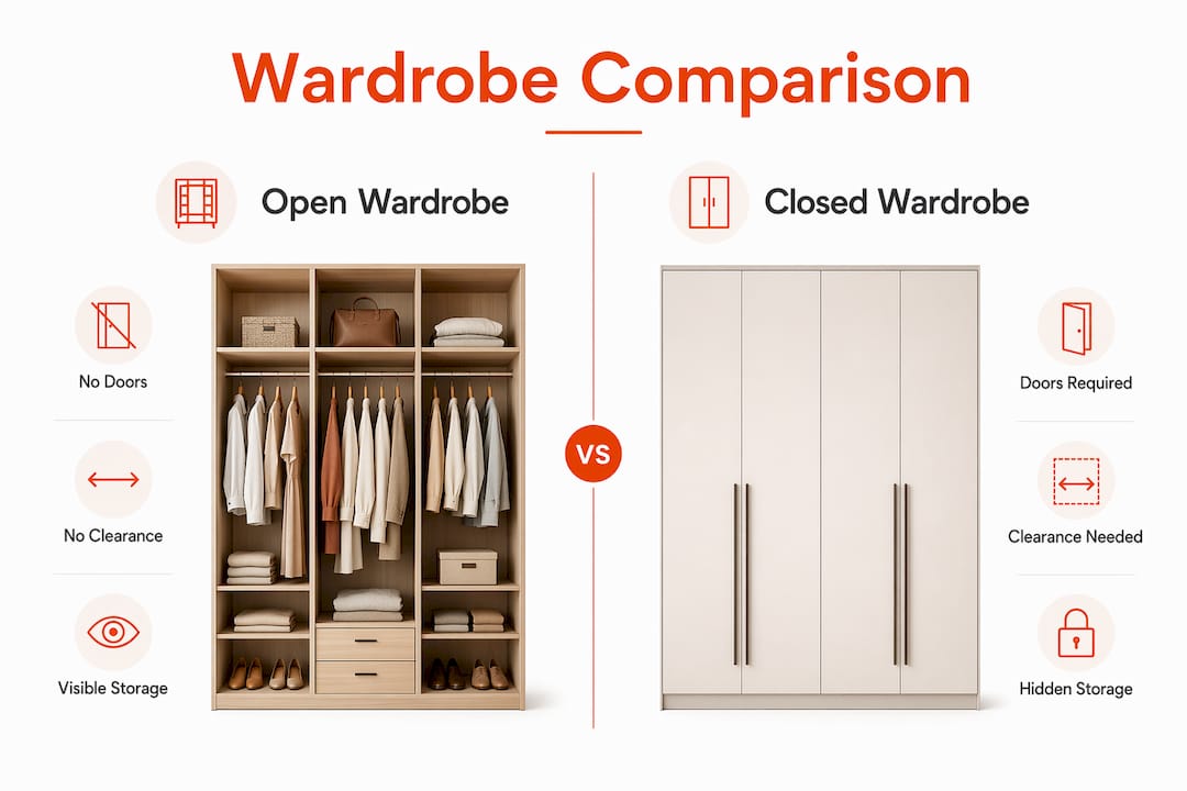 Infographic comparing open and closed wardrobes features