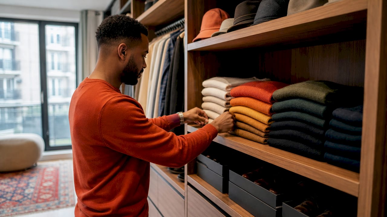 Hands organizing clothes on hangers in open wardrobe