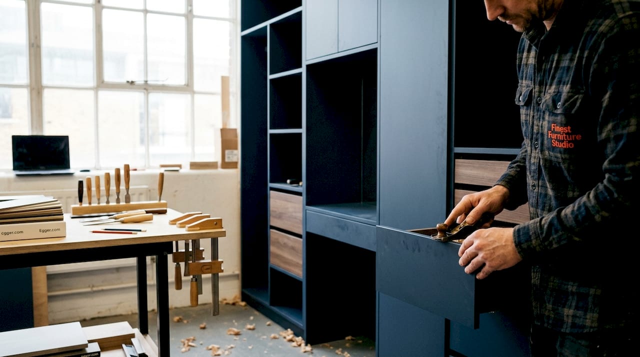 Carpenter adjusting handleless wardrobe door
