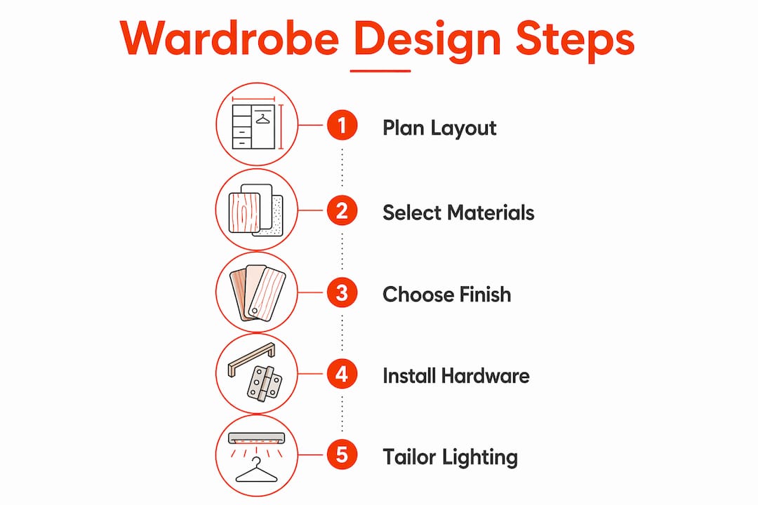 Infographic illustrating contemporary wardrobe design steps