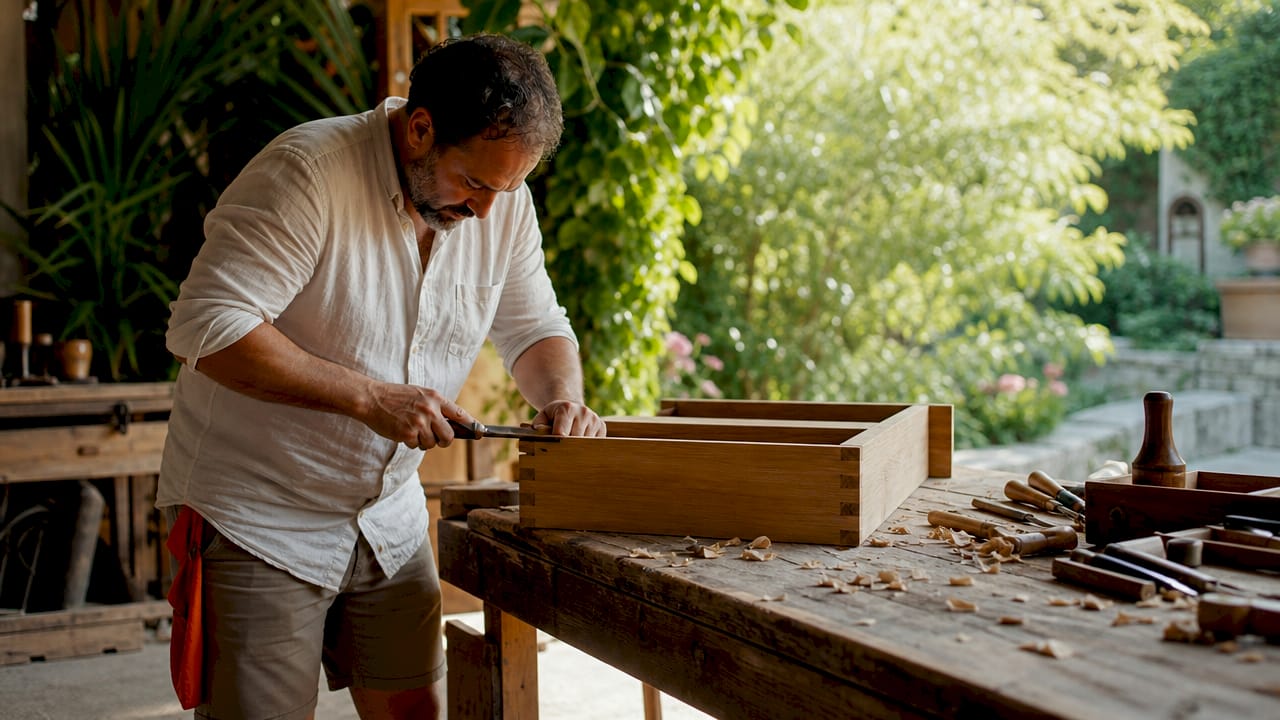 Craftsman assembling bespoke wooden furniture drawer