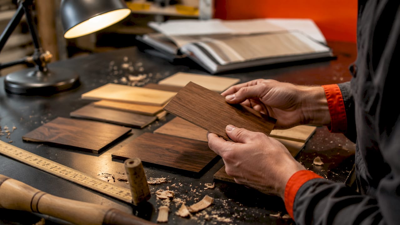 Carpenter's hands checking veneer samples