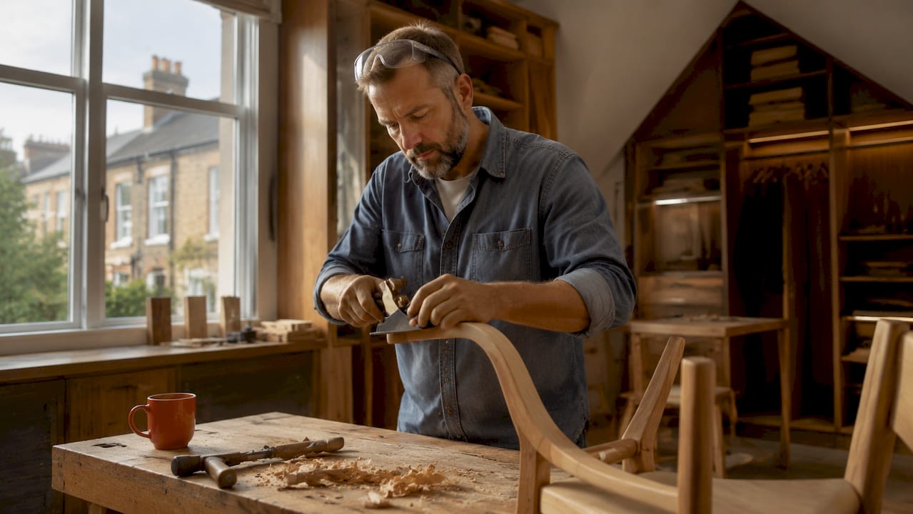 Craftsman shaping chair armrest in workshop