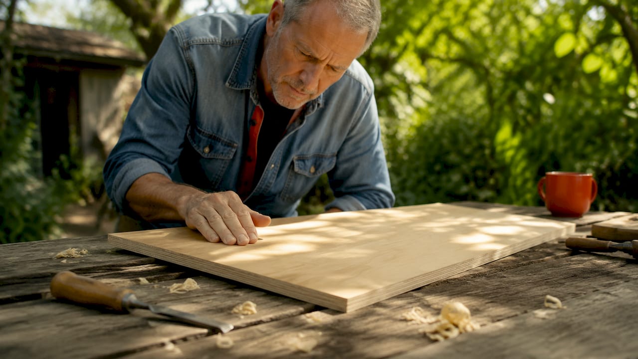 Hands inspecting birch plywood sheet