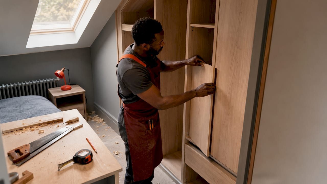 Craftsman fitting bespoke wardrobes in bedroom