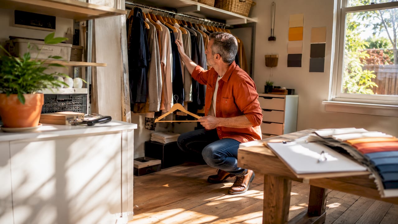 Man performing wardrobe garment inventory audit