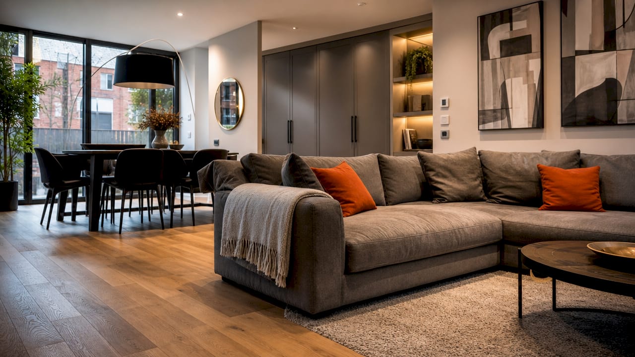 Side view of sectional sofa marking living and dining zones
