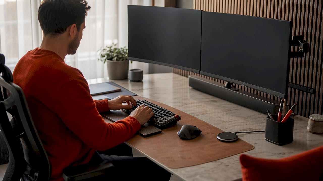 Hands typing on ergonomic office desk with dual monitors