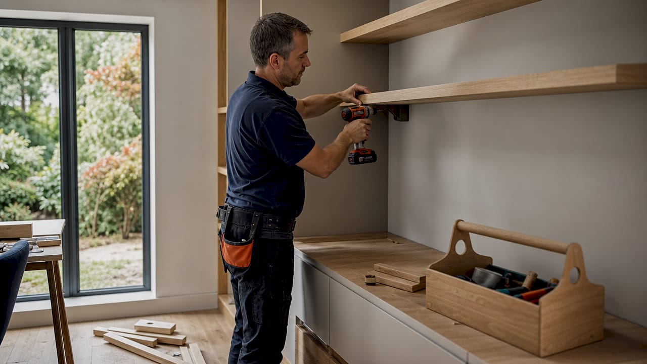 Carpenter installing made-to-measure shelves