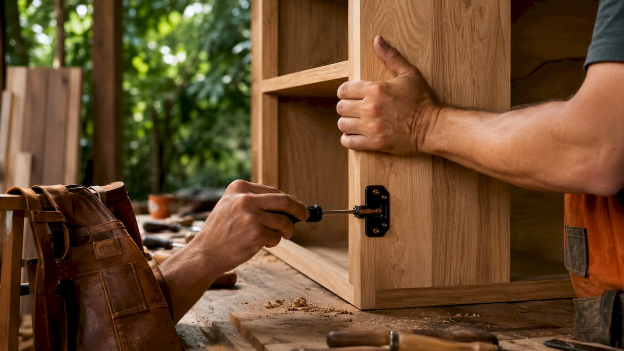 Craftsman fitting hardware on hardwood wardrobe carcass