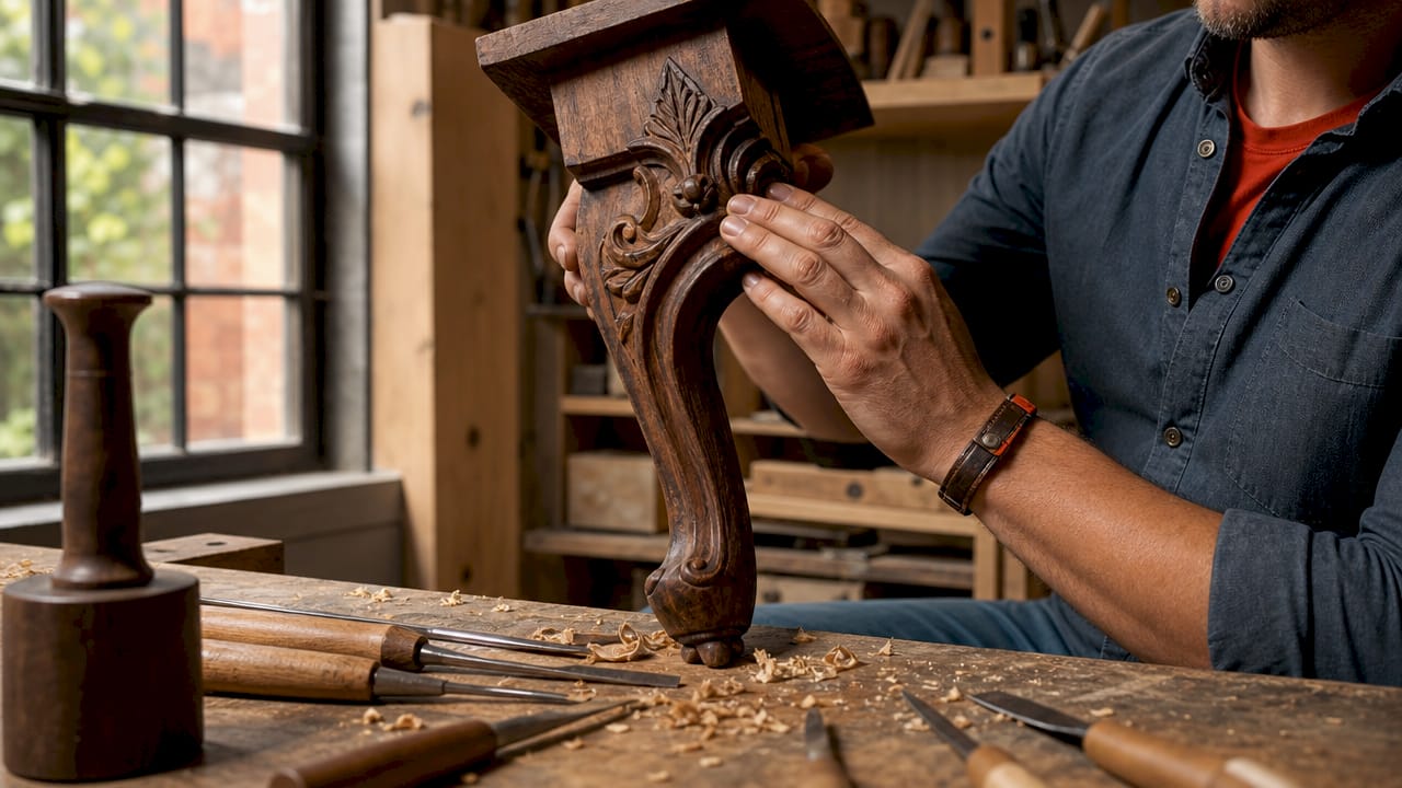 Hands inspecting hardwood furniture craftsmanship