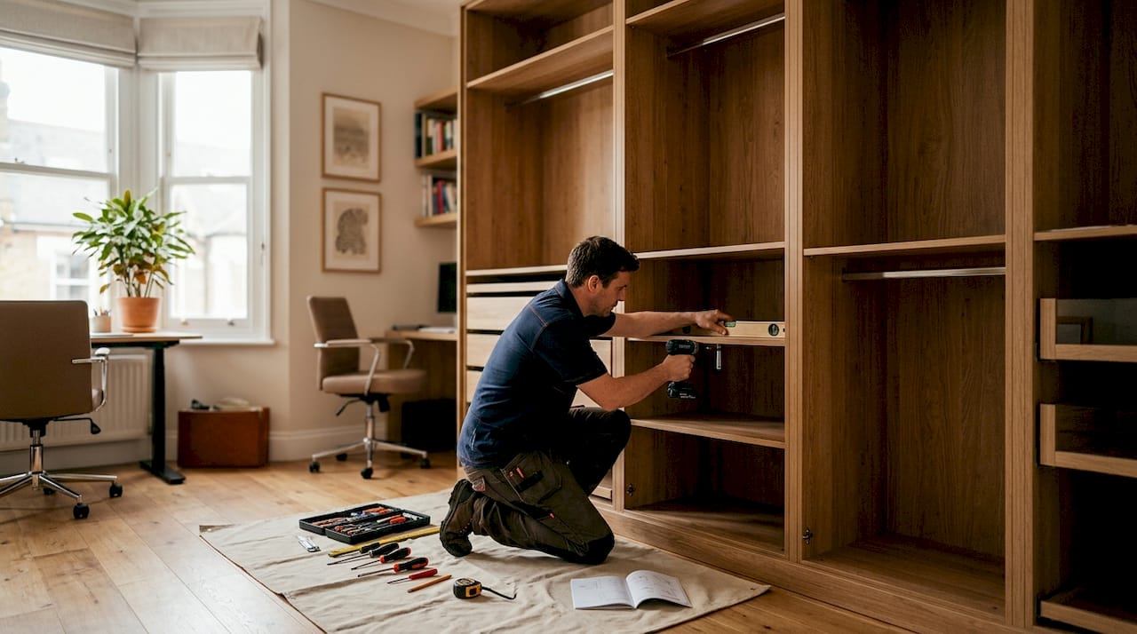 Installer adjusting bespoke fitted wardrobe interior shelving