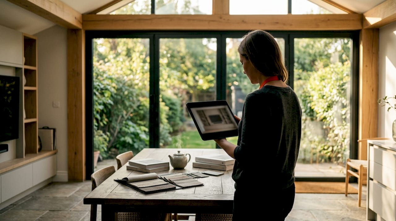 Designer reviewing bespoke media wall design in London home