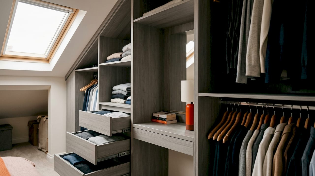 Loft fitted wardrobe with dressing table in London