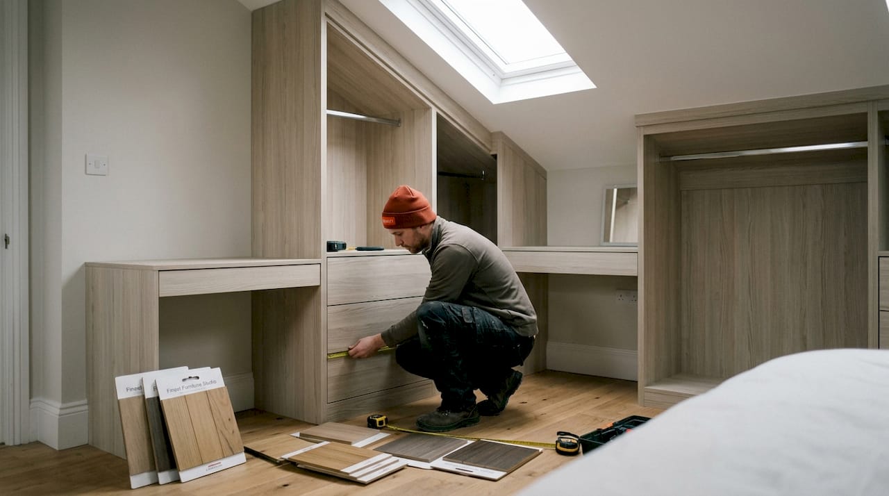 Bespoke loft fitted wardrobe in South West London bedroom