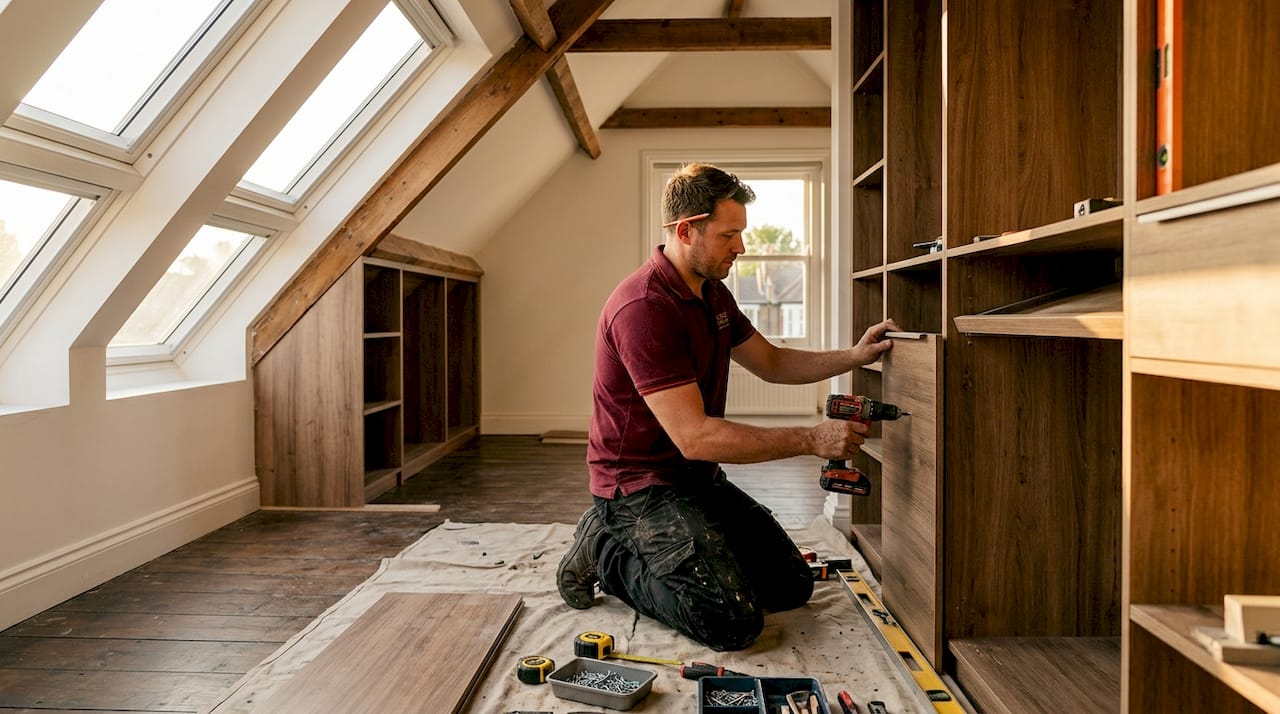 Craftsman installing bespoke wardrobe panels in loft