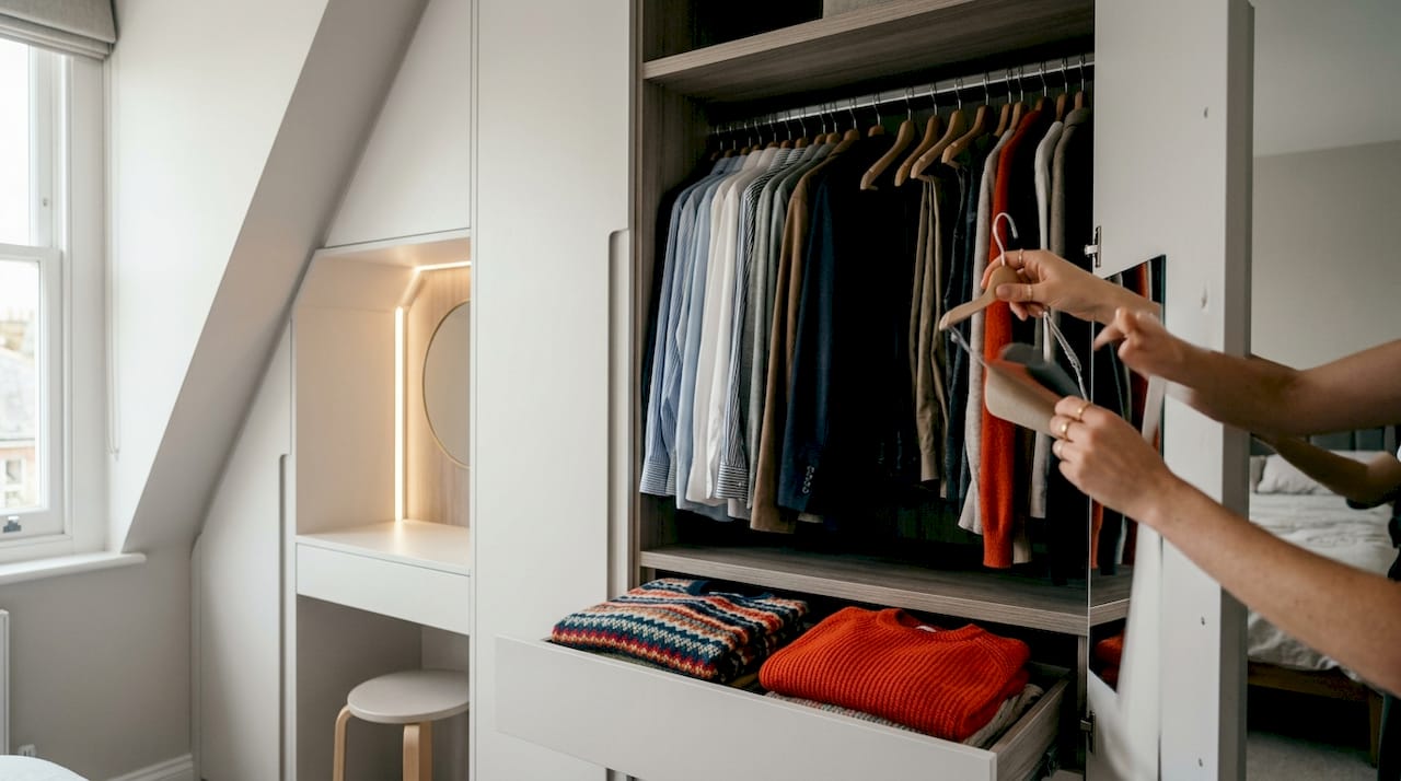 Interior of organised fitted wardrobe in bedroom