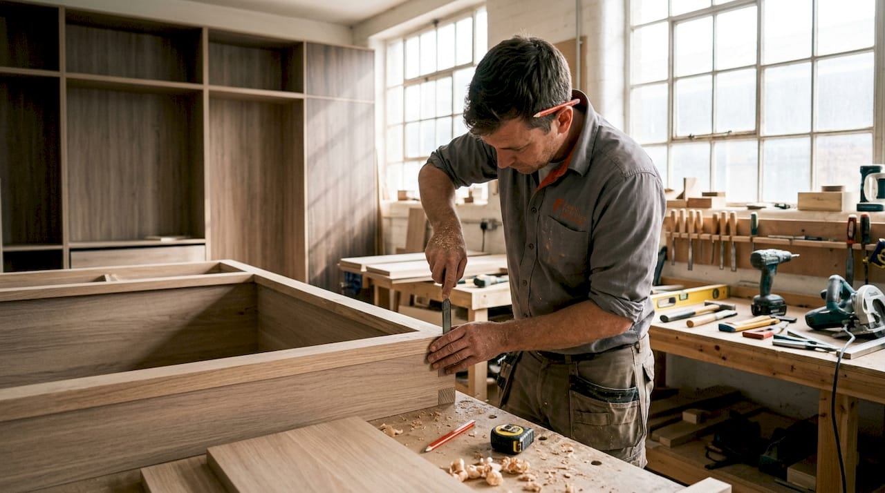 Hands assembling wardrobe joinery in London loft room