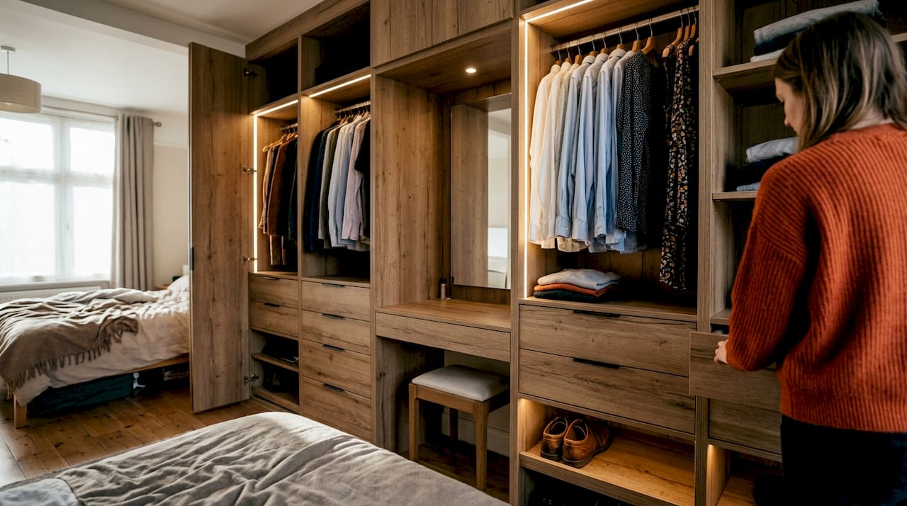 Fitted bespoke wardrobe interior in small London bedroom
