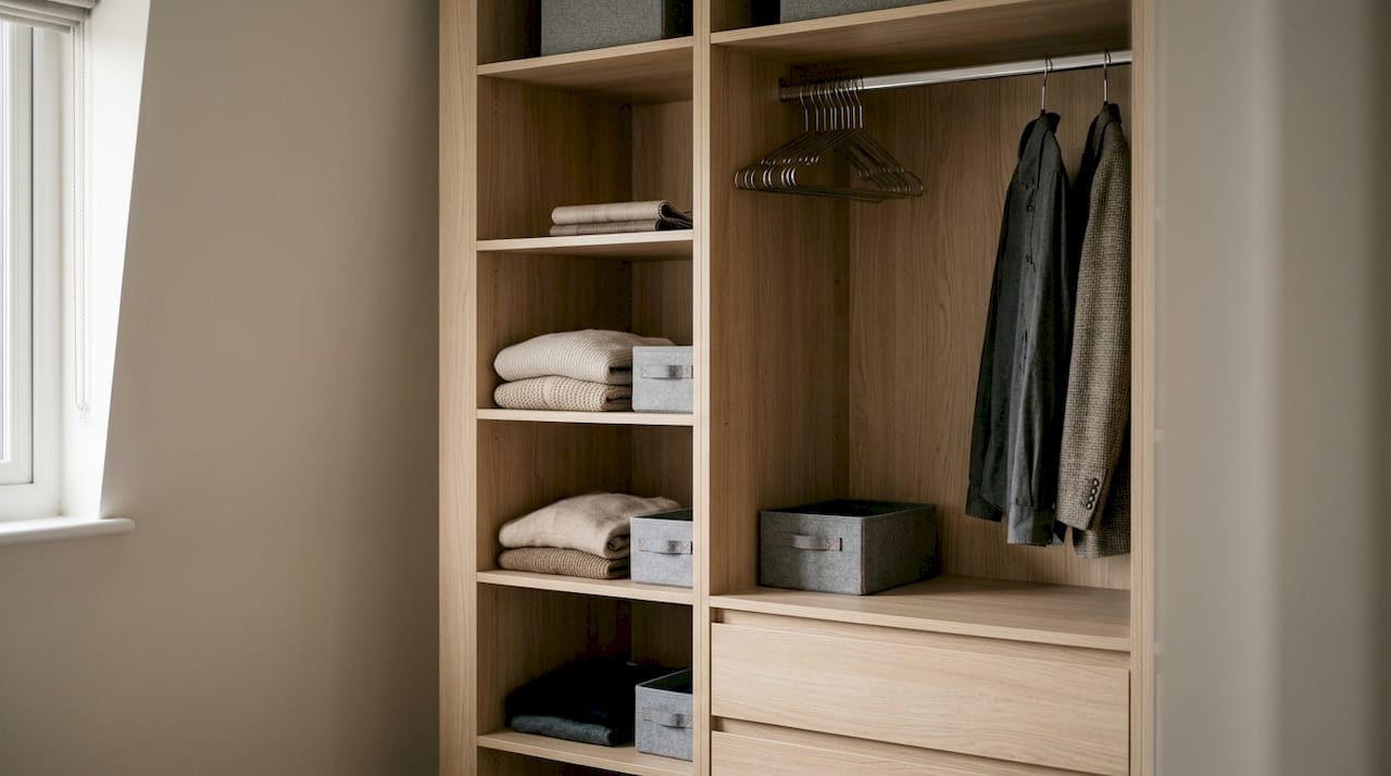 Interior of fitted wardrobe with organized storage