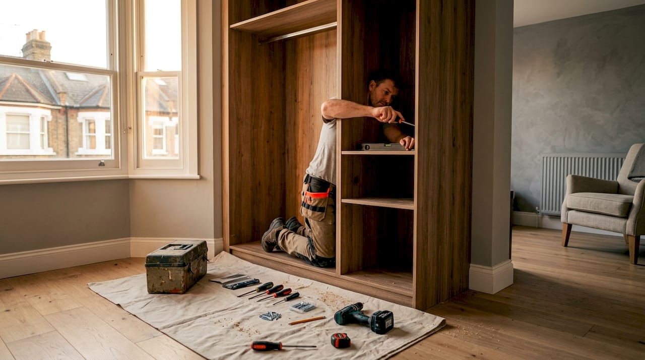 Close-up of wardrobe installer fitting bespoke wardrobes in London