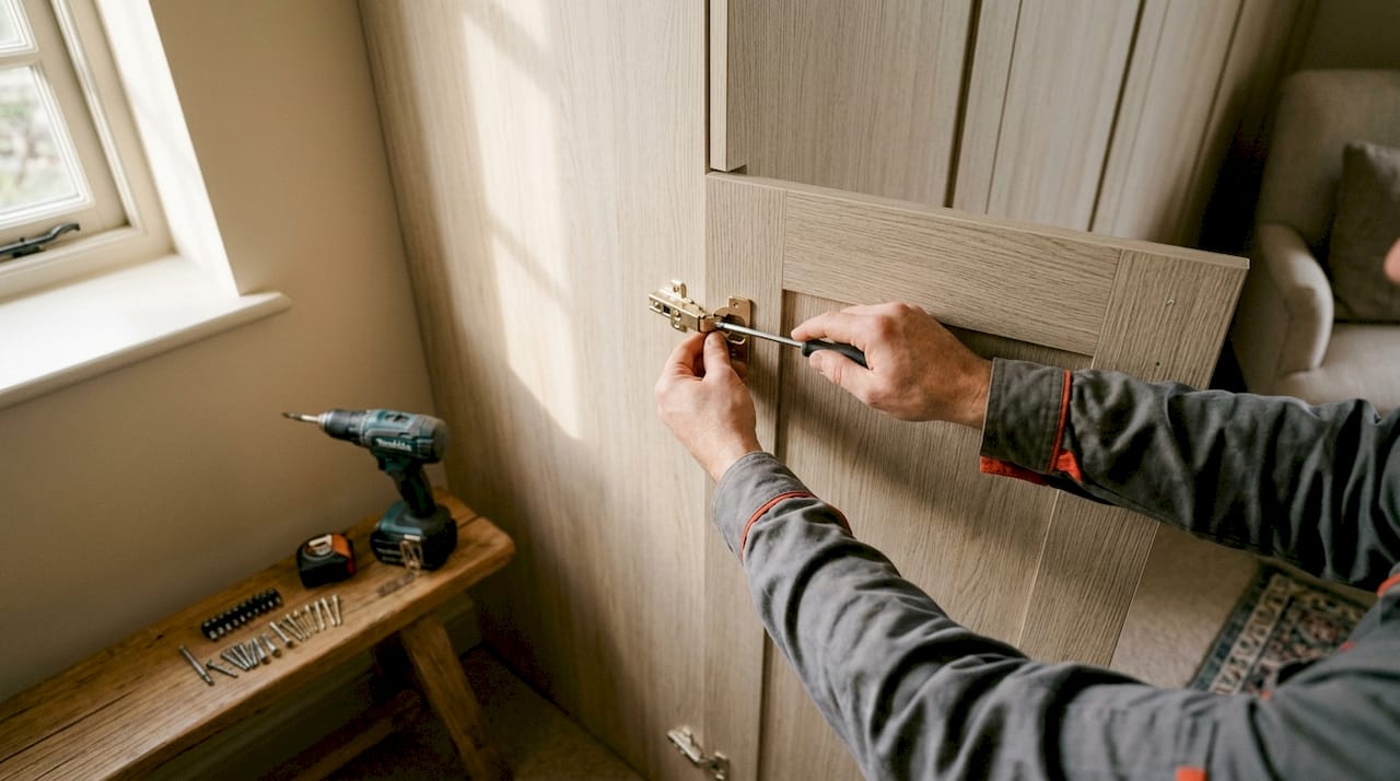 Installer fitting shaker wardrobe door hinge