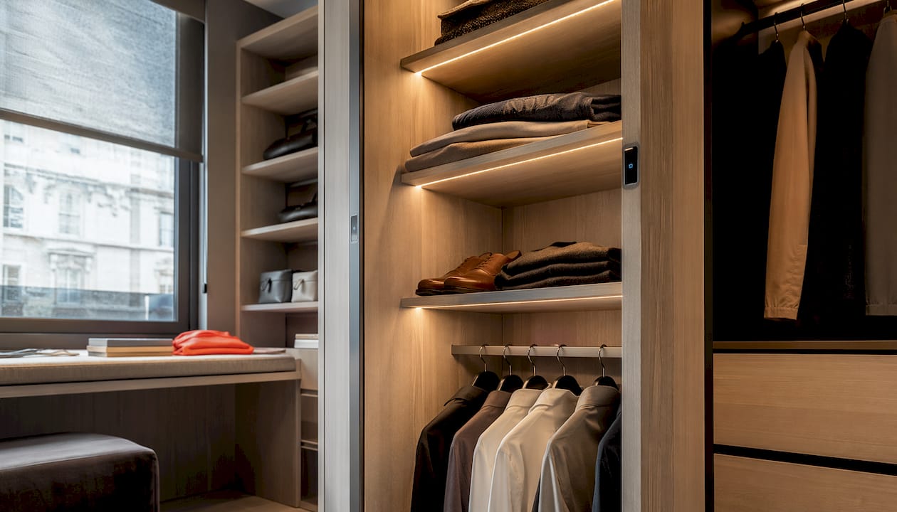 Interior bespoke wardrobe with concealed LED lighting