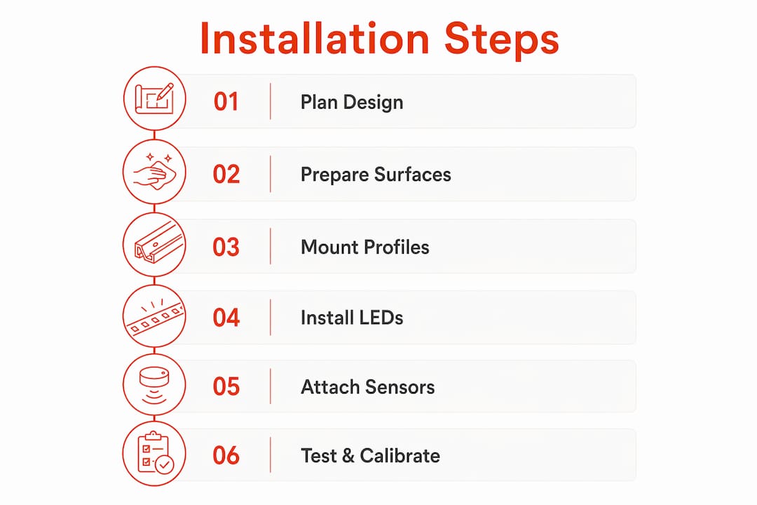 Infographic showing wardrobe lighting installation steps