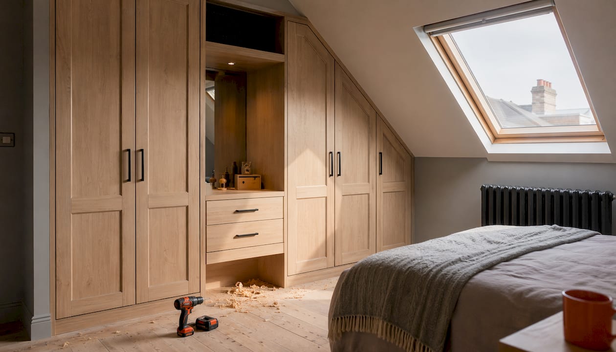 Fitted loft wardrobe in period loft bedroom