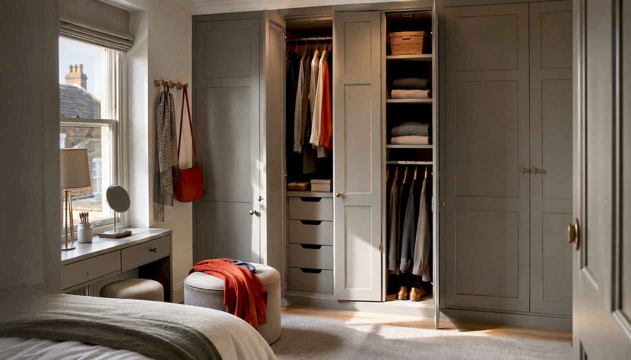Overhead view of small bedroom with fitted wardrobe and storage solutions
