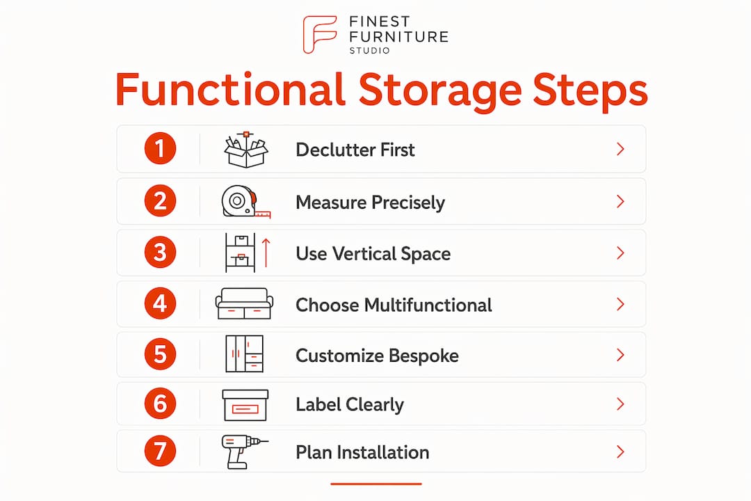 Infographic illustrating functional storage steps in home