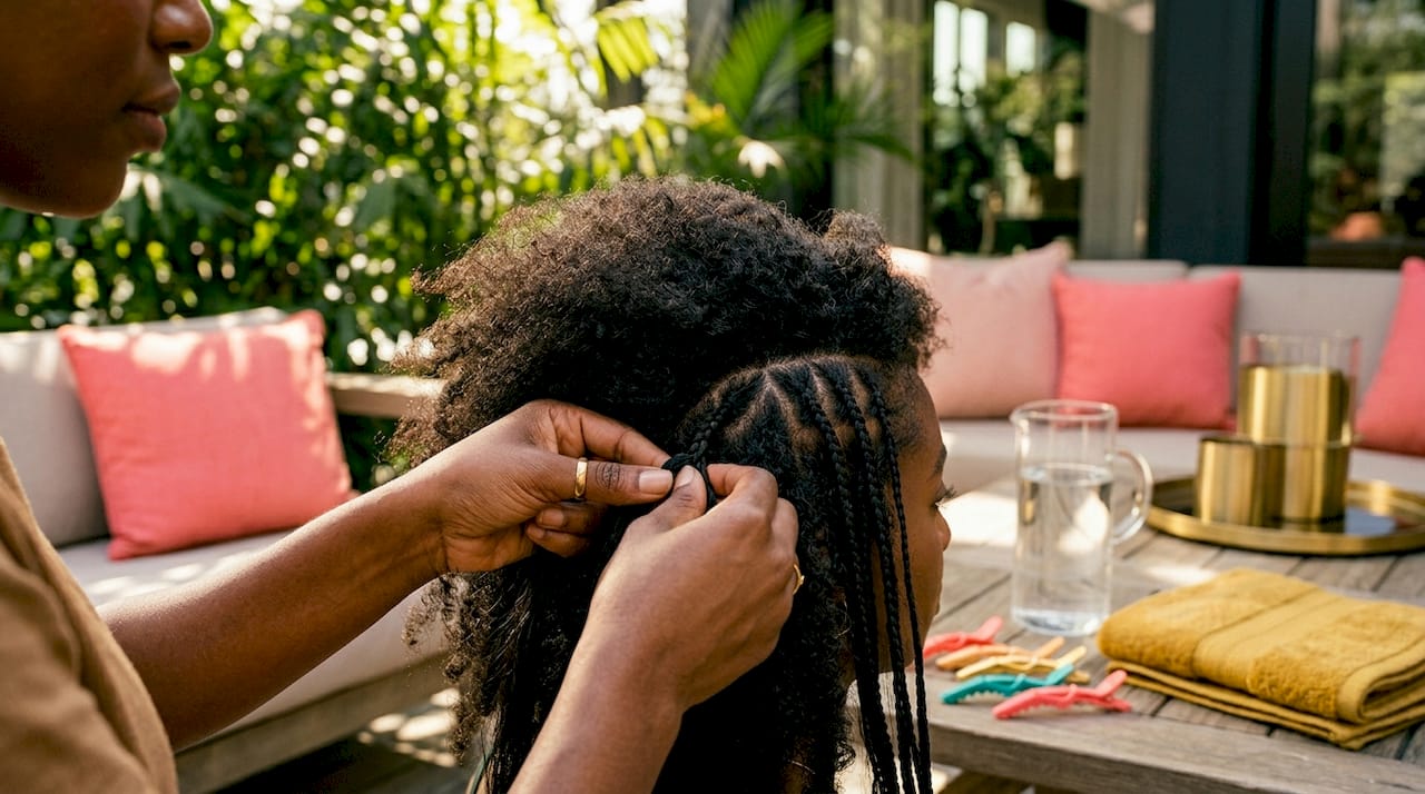 Hands beginning knotless braid in home setting