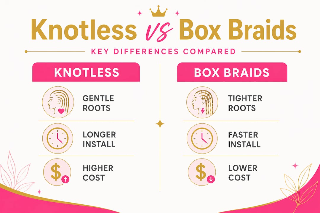 Infographic comparing knotless and box braids features