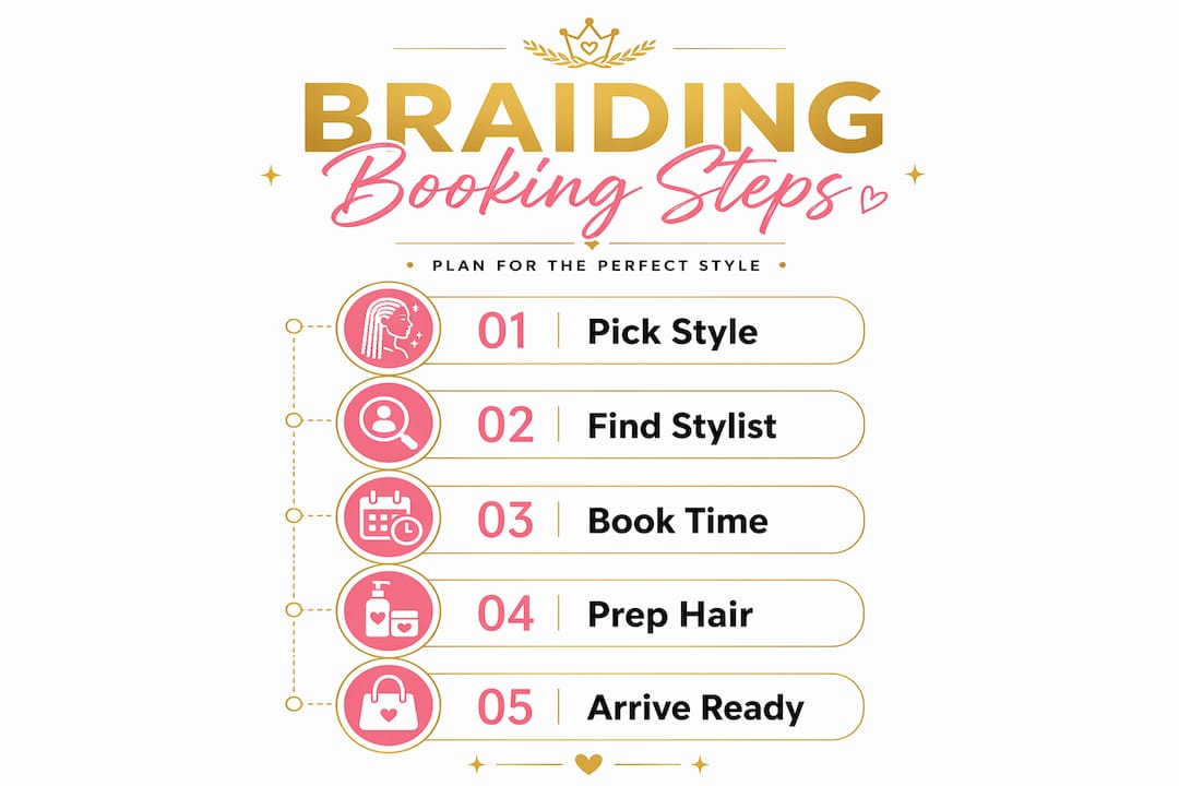 Step-by-step braiding appointment booking infographic