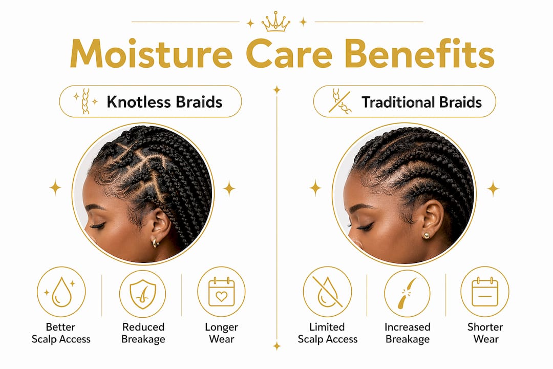Infographic comparing moisture care benefits of knotless vs traditional braids