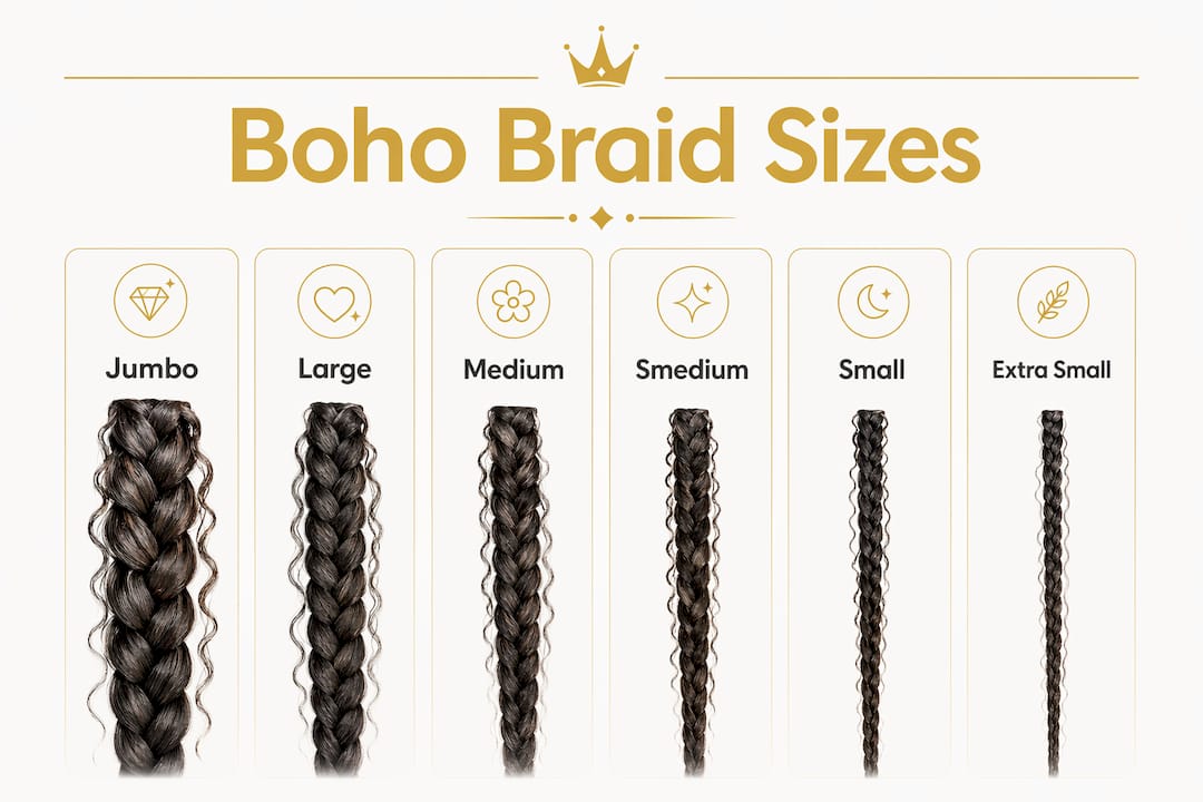 Infographic showing hierarchy of boho braid size categories