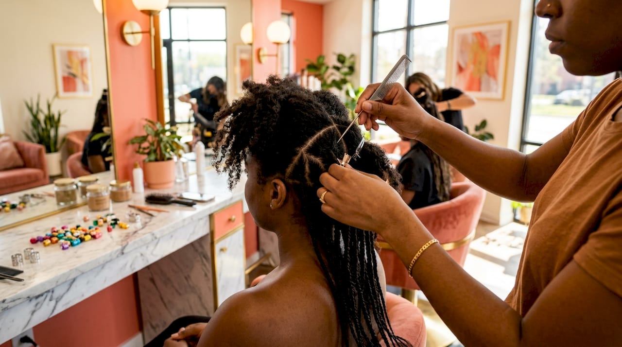 Close-up of hands parting hair for Fulani braids
