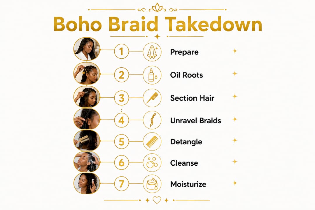 Infographic showing boho braid takedown steps