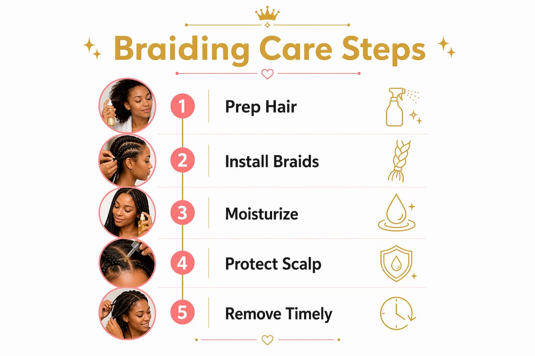 Infographic showing five braiding care steps